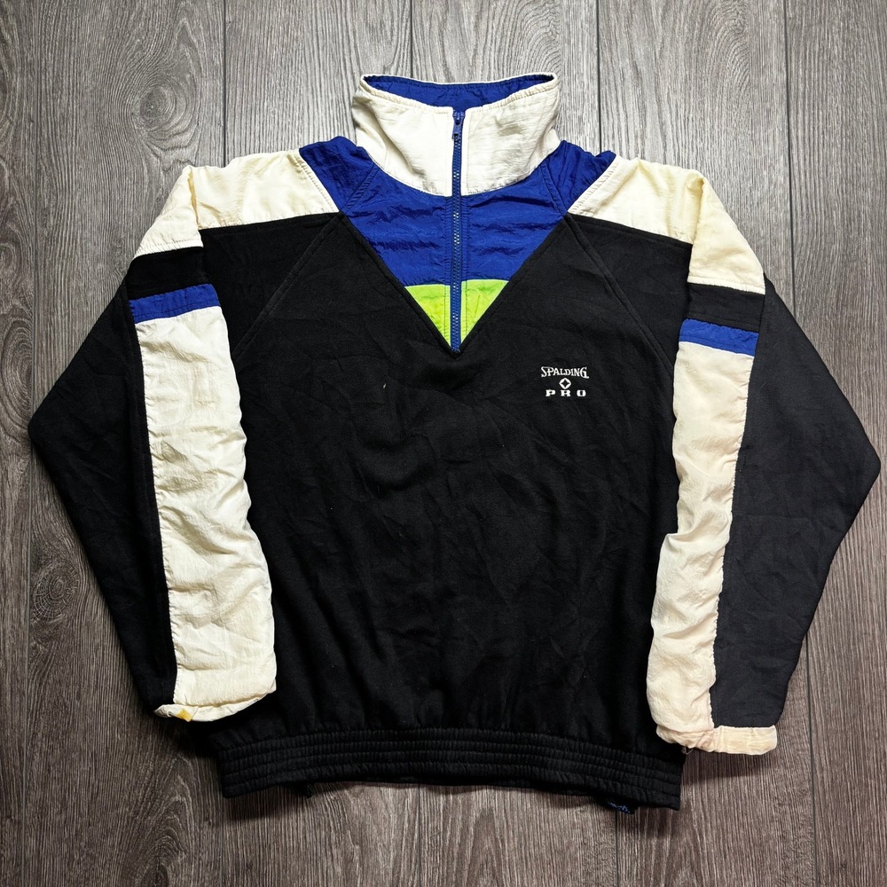 Vintage Spalding Pro Sport Pullover Medium 1980s Colorblock Quarter Zip Black